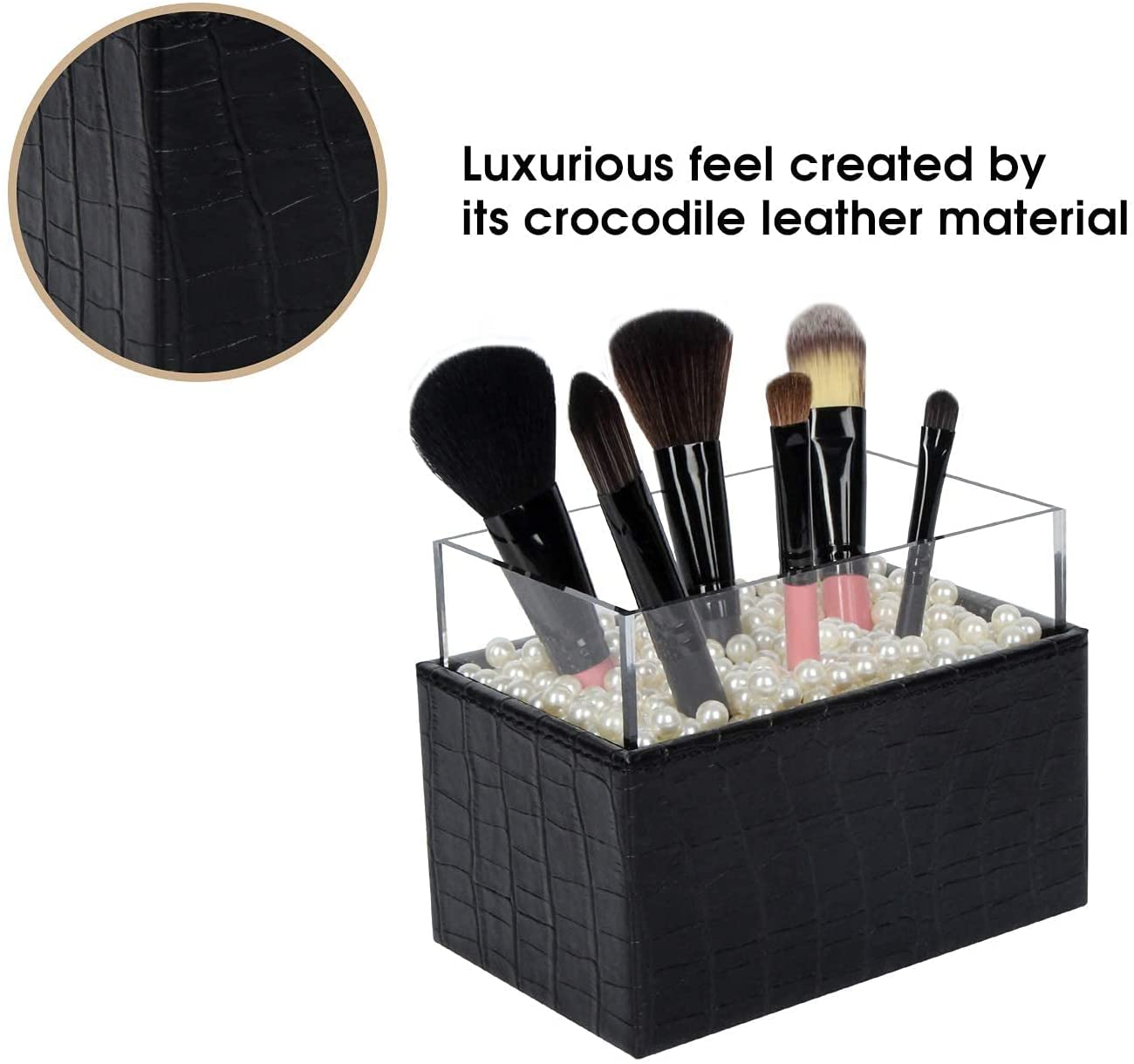 Leather Makeup Brush Cosmetic Organiser Storage Box with Pink Pearls and Acrylic Cover Black