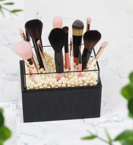 Leather Makeup Brush Cosmetic Organiser Storage Box with Pink Pearls and Acrylic Cover Black