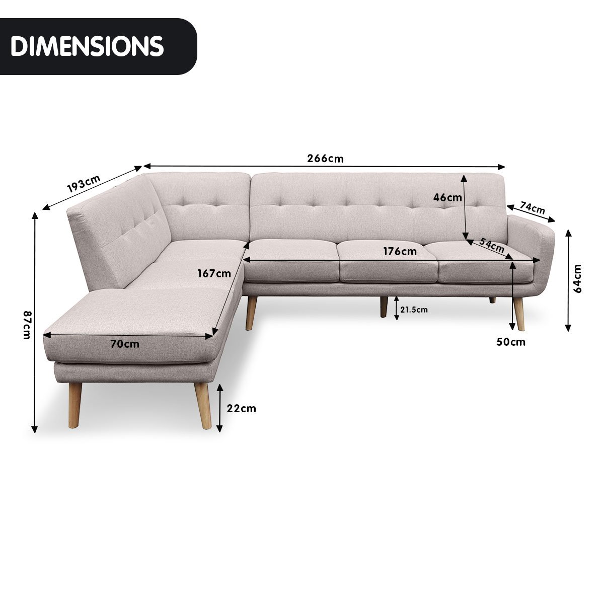 indoor furniture Linen Corner Sofa L-shaped Chaise Light Grey