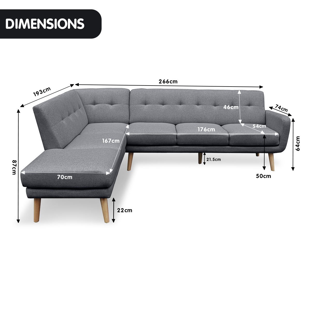 indoor furniture Linen Corner Sofa L-shaped with Chaise Dark Grey