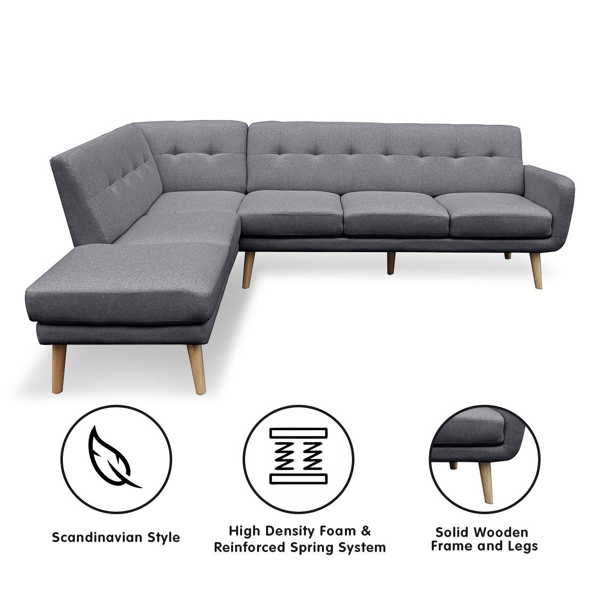 indoor furniture Linen Corner Sofa L-shaped with Chaise Dark Grey