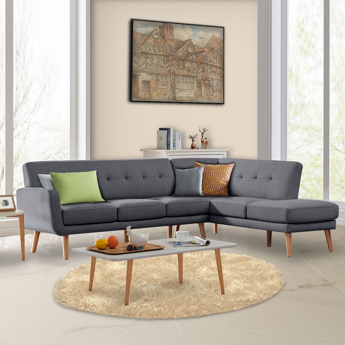 indoor furniture Linen Corner Sofa Lounge L-shaped with Chaise Dark Grey
