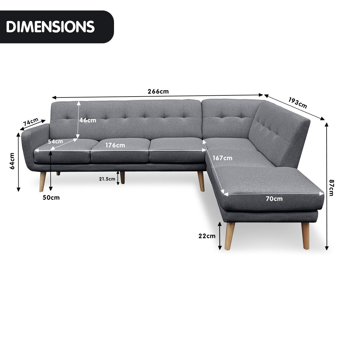 indoor furniture Linen Corner Sofa Lounge L-shaped with Chaise Dark Grey