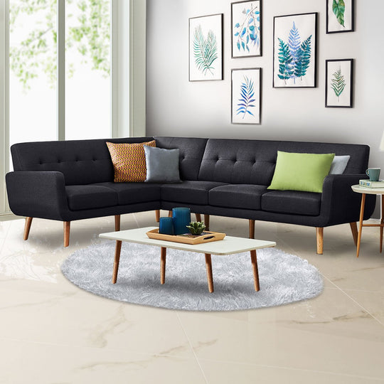 indoor furniture Linen Corner Wooden Sofa Futon Lounge L-shaped with Chaise Black