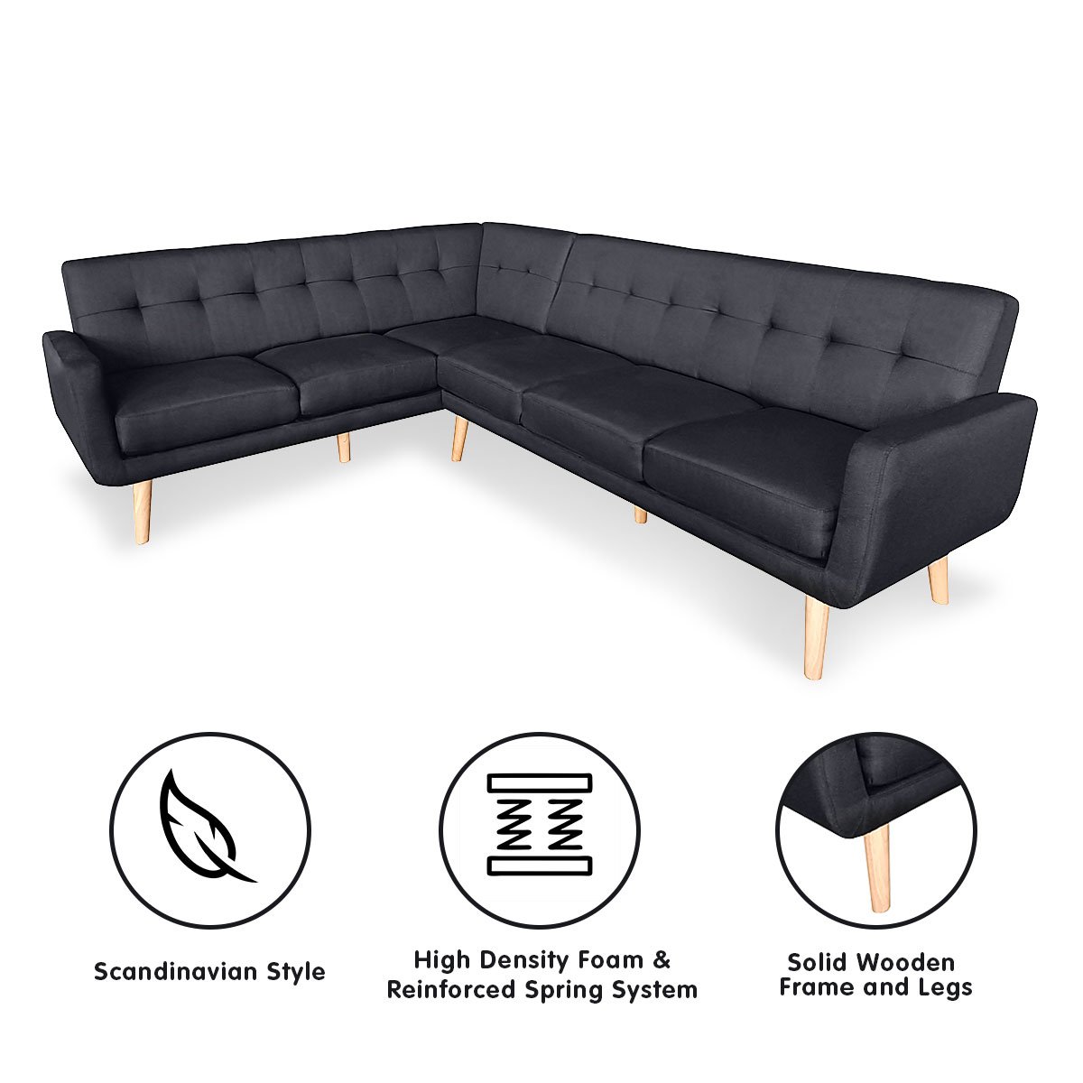 indoor furniture Linen Corner Wooden Sofa Futon Lounge L-shaped with Chaise Black