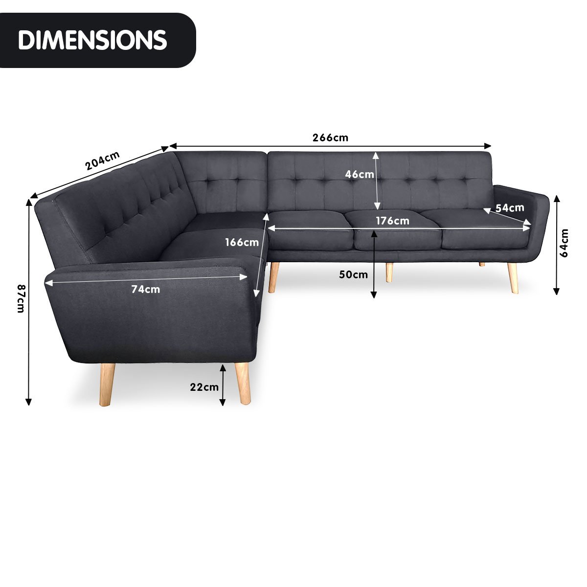 indoor furniture Linen Corner Wooden Sofa Futon Lounge L-shaped with Chaise Black