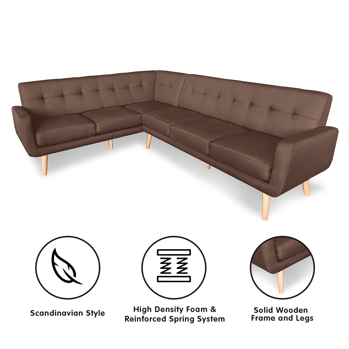 indoor furniture Linen Corner Wooden Sofa Lounge L-shaped Futon with Chaise Brown