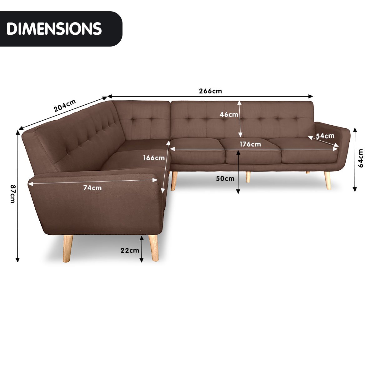 indoor furniture Linen Corner Wooden Sofa Lounge L-shaped Futon with Chaise Brown