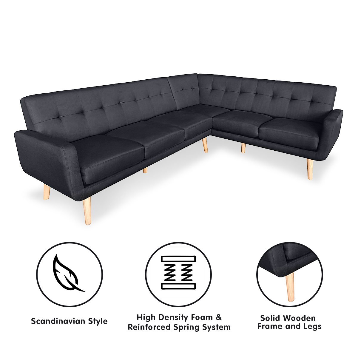 indoor furniture Linen Corner Wooden Sofa Lounge L-shaped with Chaise Black