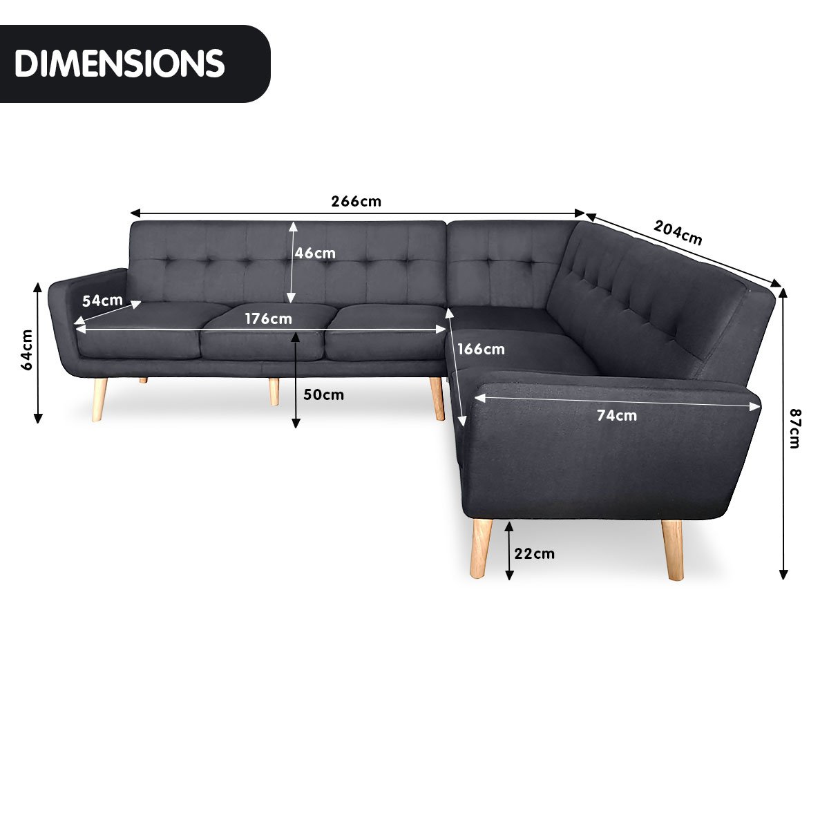 indoor furniture Linen Corner Wooden Sofa Lounge L-shaped with Chaise Black