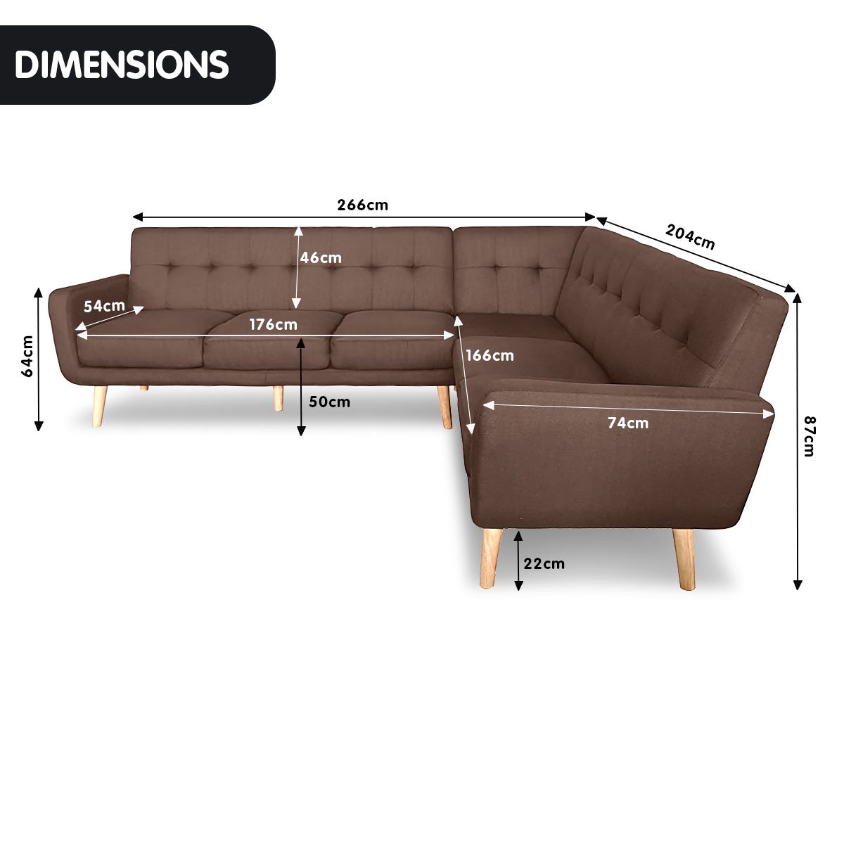indoor furniture Linen Corner Wooden Sofa Lounge L-shaped with Chaise Brown