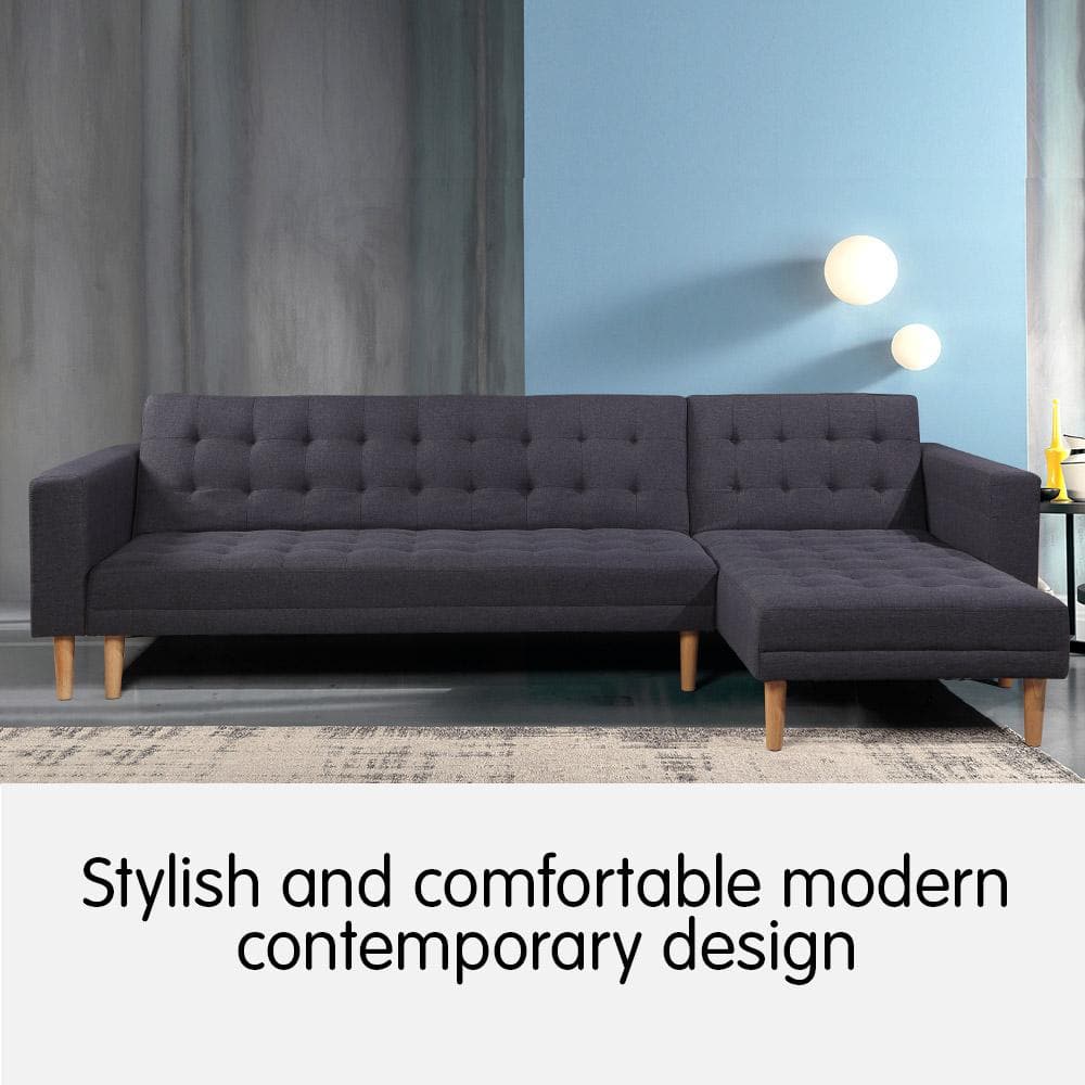 Linen Fabric Corner Sofa Bed Couch Lounge with Chaise - Dark Grey