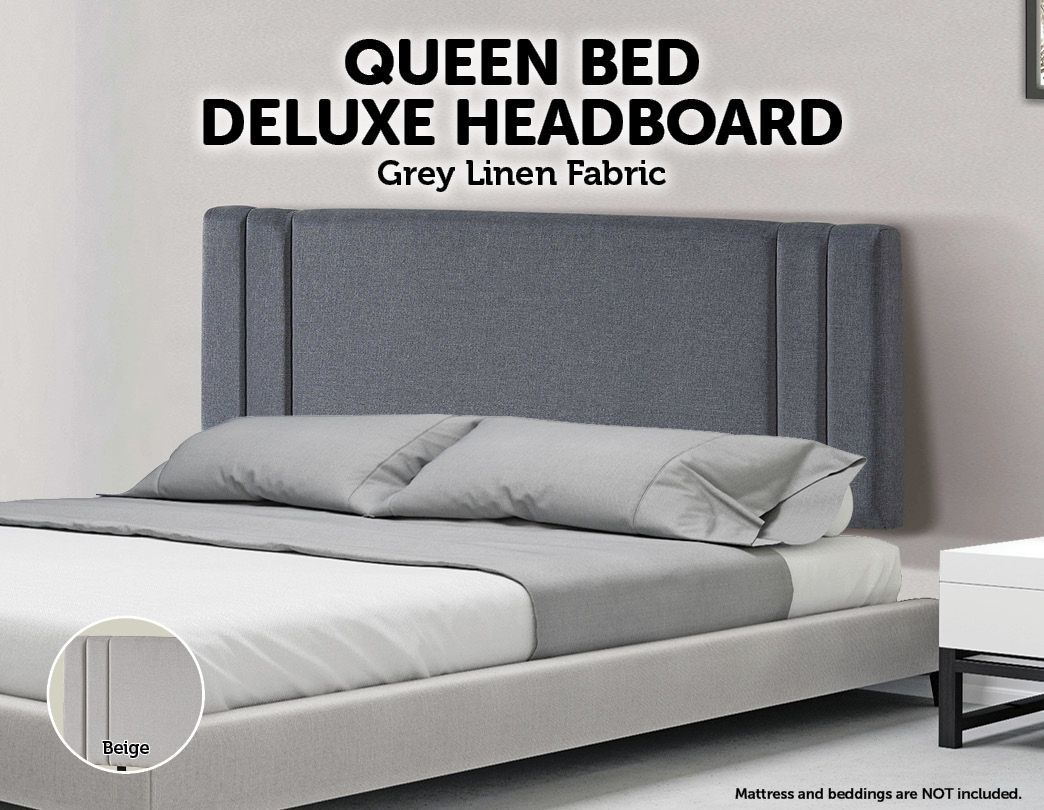 Bedroom Linen Fabric Queen Bed Deluxe Headboard Bedhead - Grey