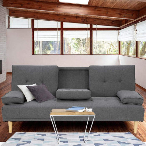 Linen Fabric Sofa Bed Lounge Couch Futon - Dark Grey