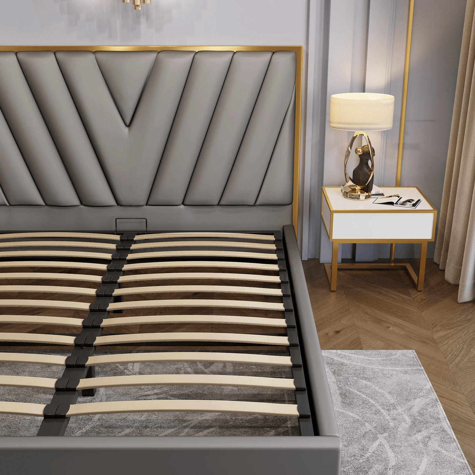 Luxury Bedframe PU Leather Golden Trim Grey-King
