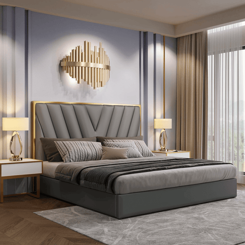 Luxury Bedframe PU Leather Golden Trim Grey-King