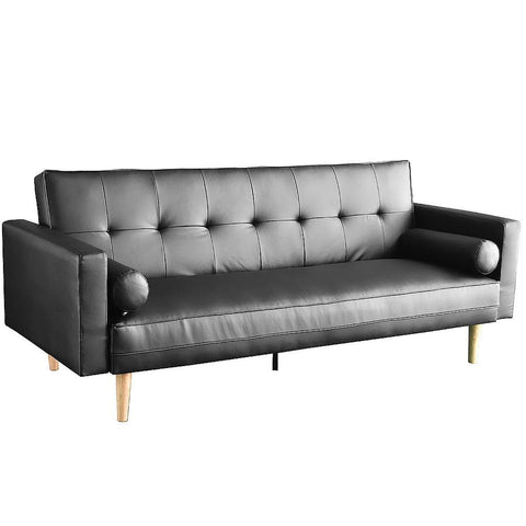 Madison 3 Seater Faux Leather Sofa Bed Couch with Pillows - Black