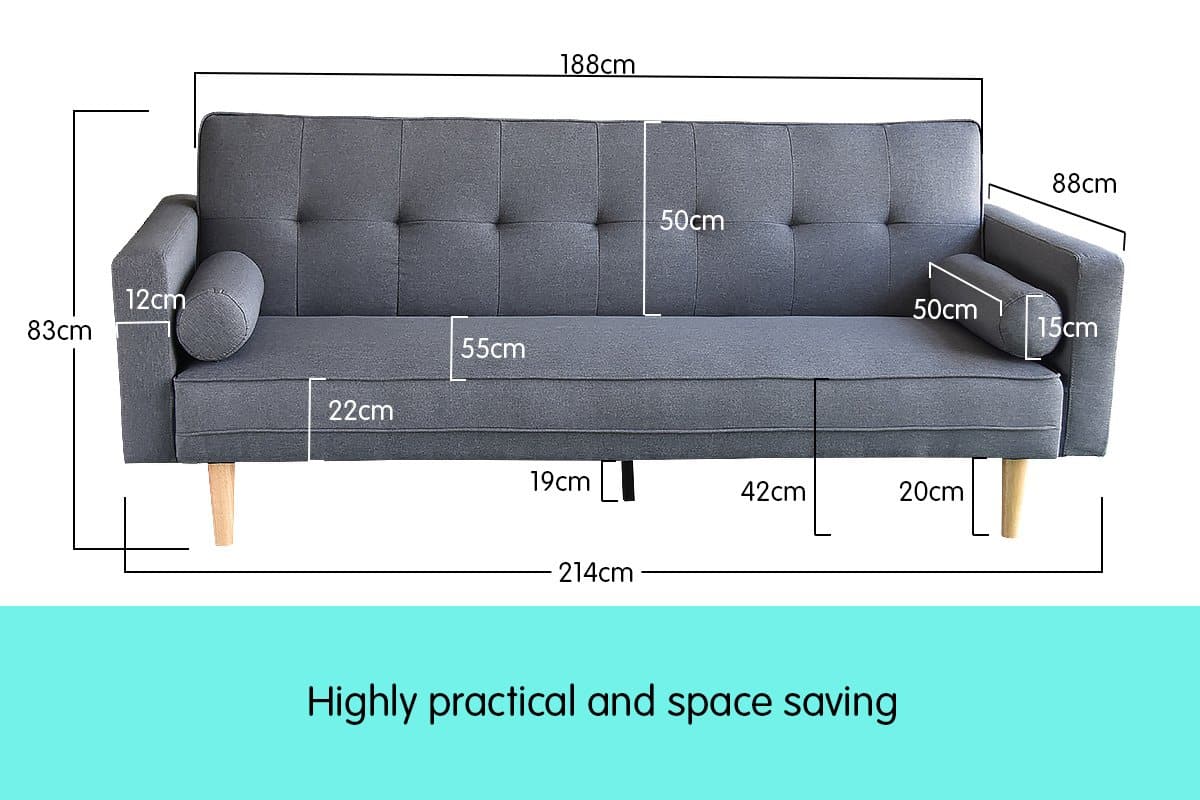 Madison 3 Seater Linen Sofa Bed Couch with Pillows - Dark Grey