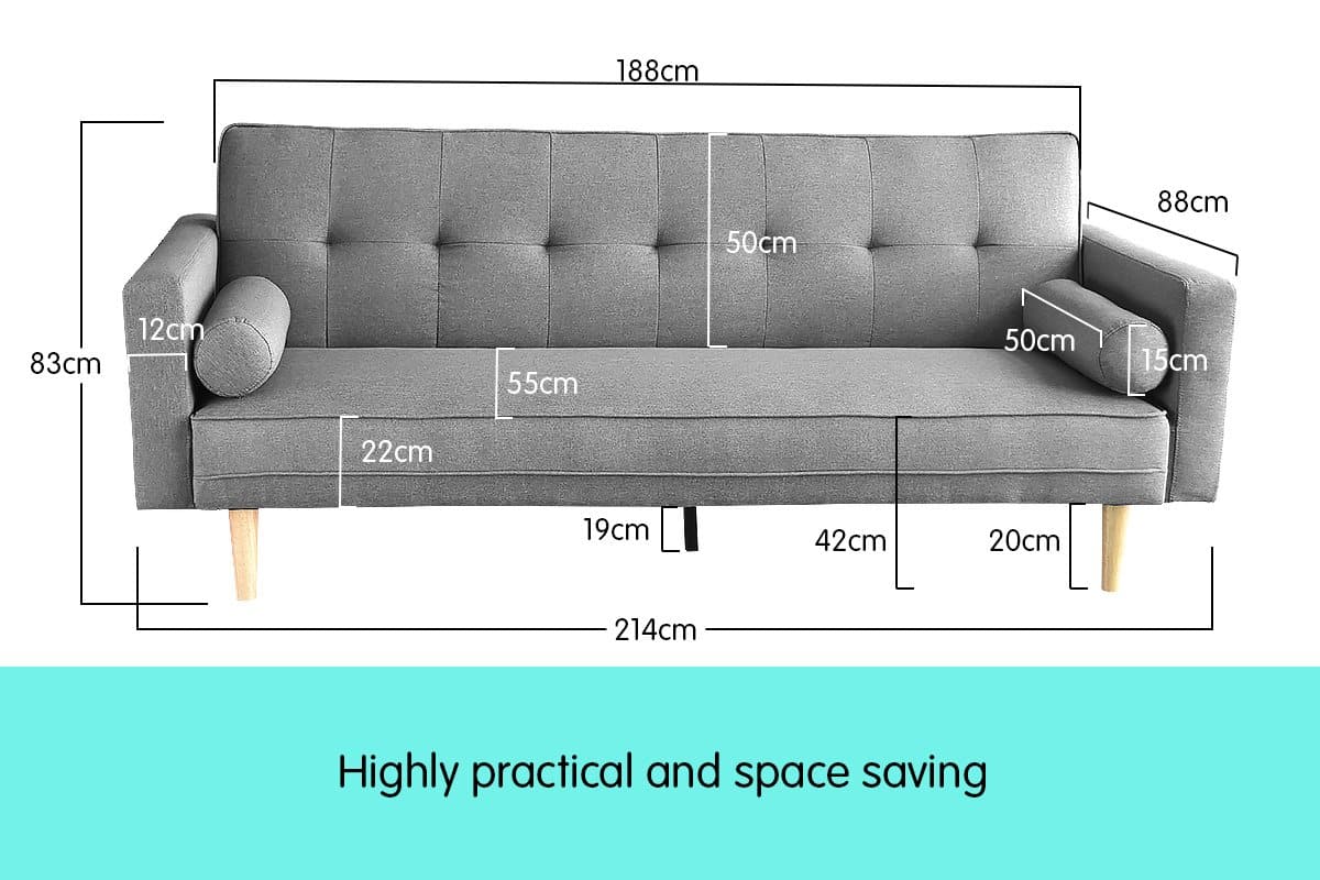 Madison 3 Seater Linen Sofa Bed Couch with Pillows - Light Grey