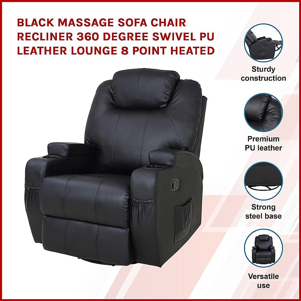 Massage Sofa Chair Recliner 360 Degree Swivel PU Leather Lounge 8 Point Heated
