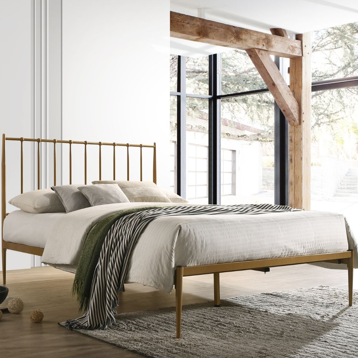 Furniture > Bedroom Metal Bed Frame Base Platform in Gold Double Mid Century Timber Slat