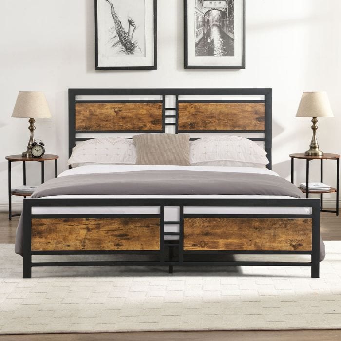 Metal Bed Frame King Size Mattress Base Platform Wooden Headboard Black