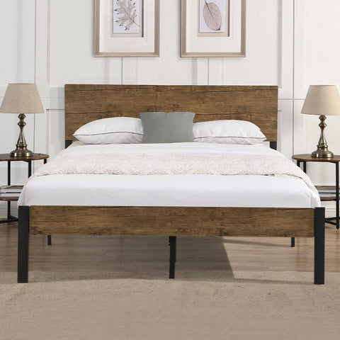 Bedroom Metal Bed Frame Queen Size Mattress Base Platform Wooden Headboard Brown