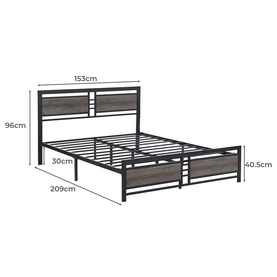 Metal Bed Frame Queen Size Mattress Base Platform Wooden Headboard Grey
