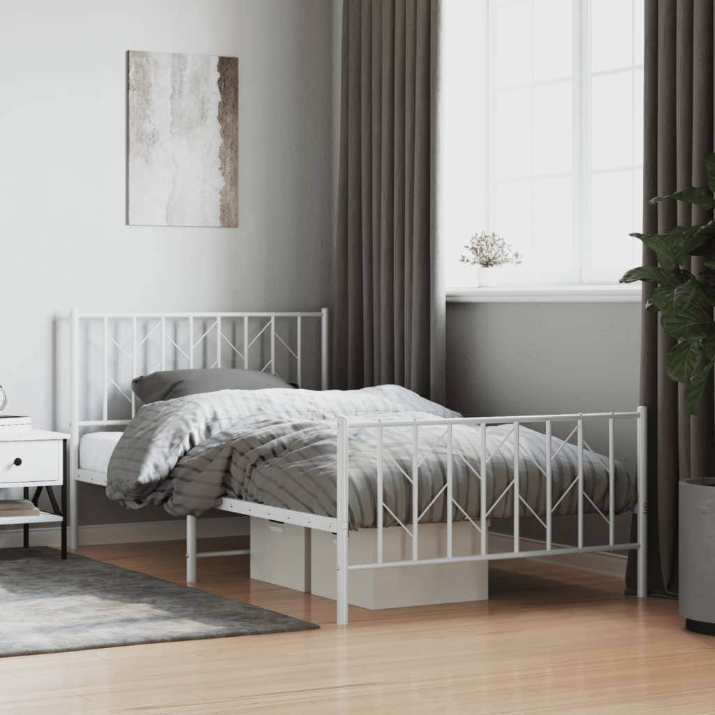 Metal Bed Frame with Headboard and Footboard White