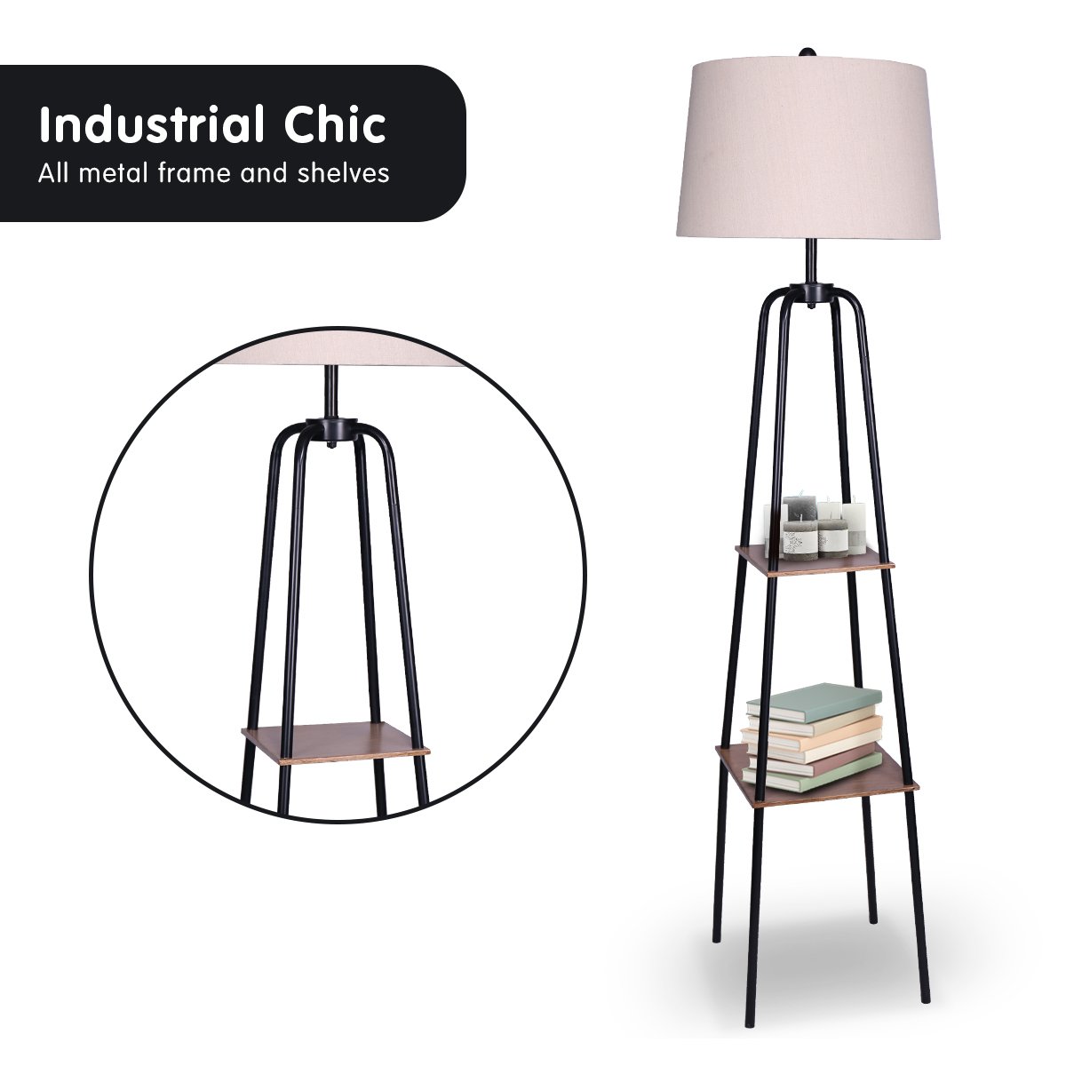 Metal Etagere Floor Lamp Shade with Metal Shelf