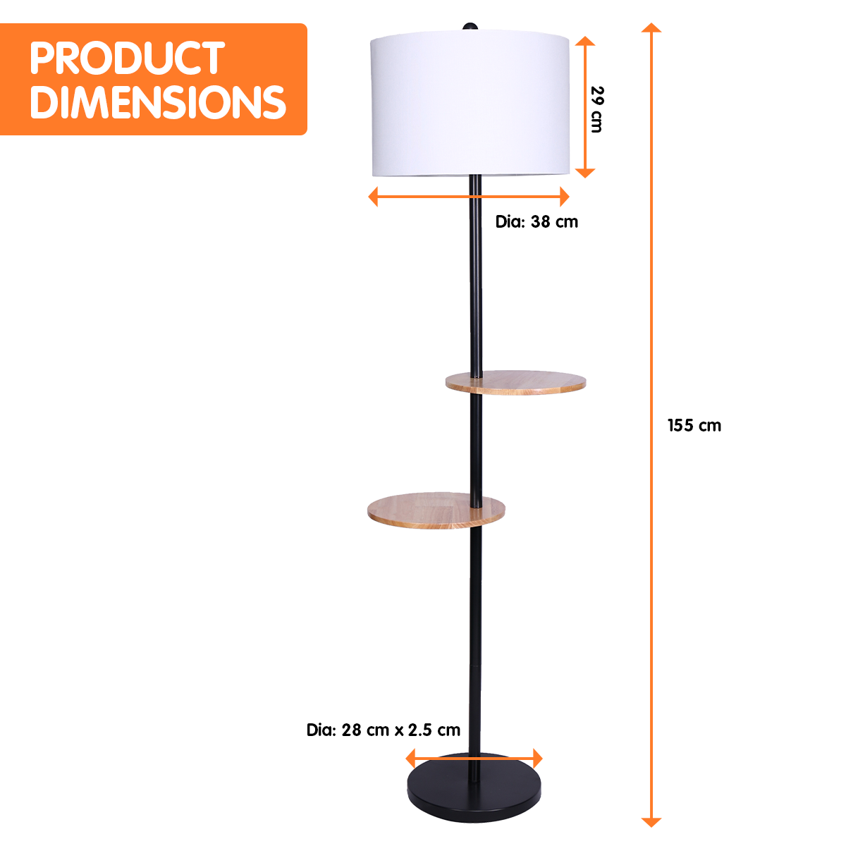 Metal Floor Lamp Shade with  Black Post in Round Wood Shelves