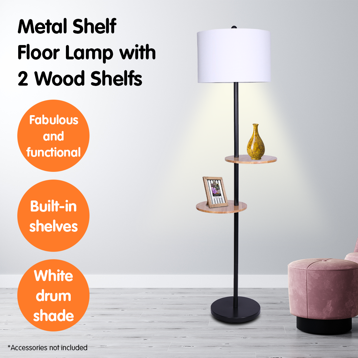 Metal Floor Lamp Shade with  Black Post in Round Wood Shelves