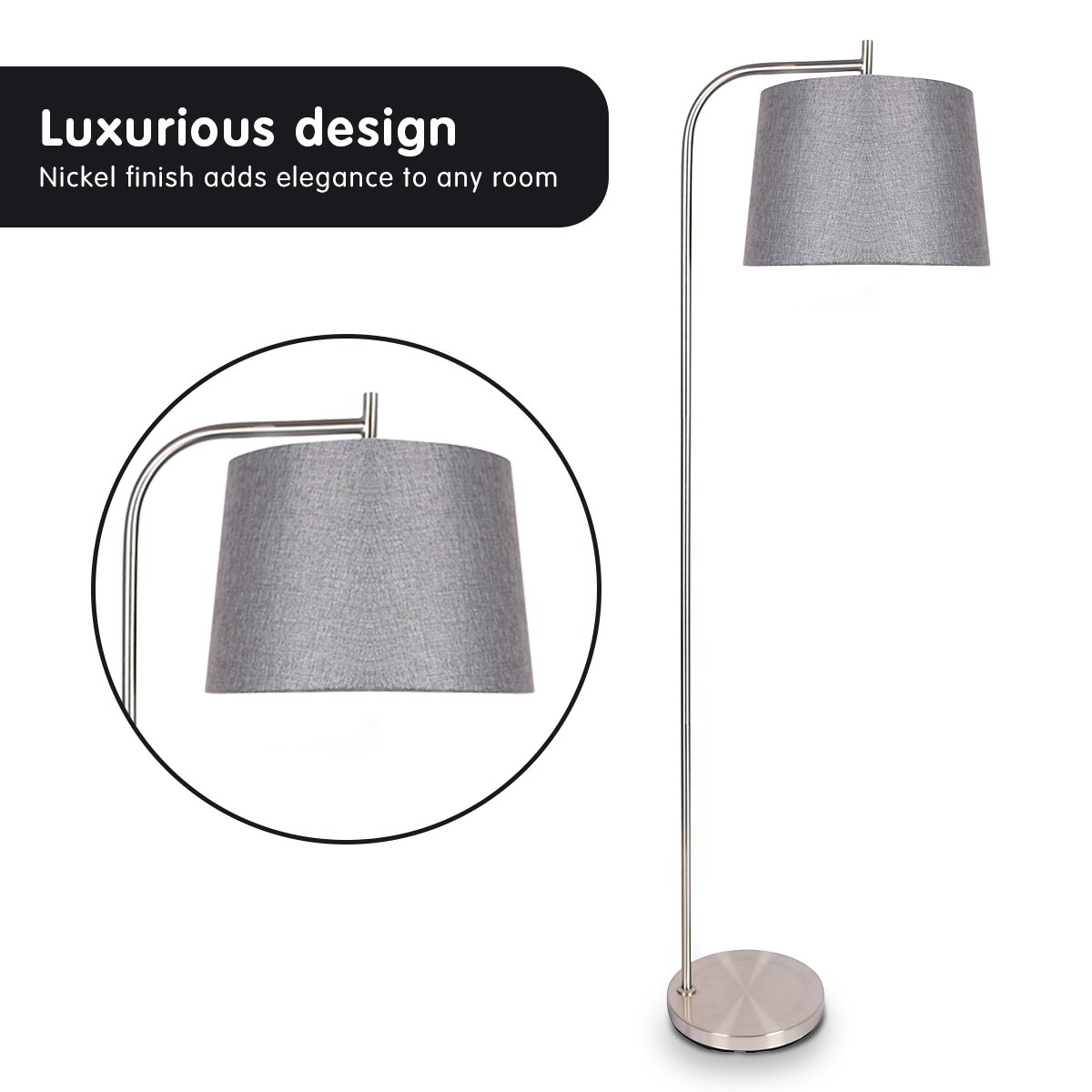 Metal Task Floor Lamp in Nickel Finish with Grey Linen Fabric Shade