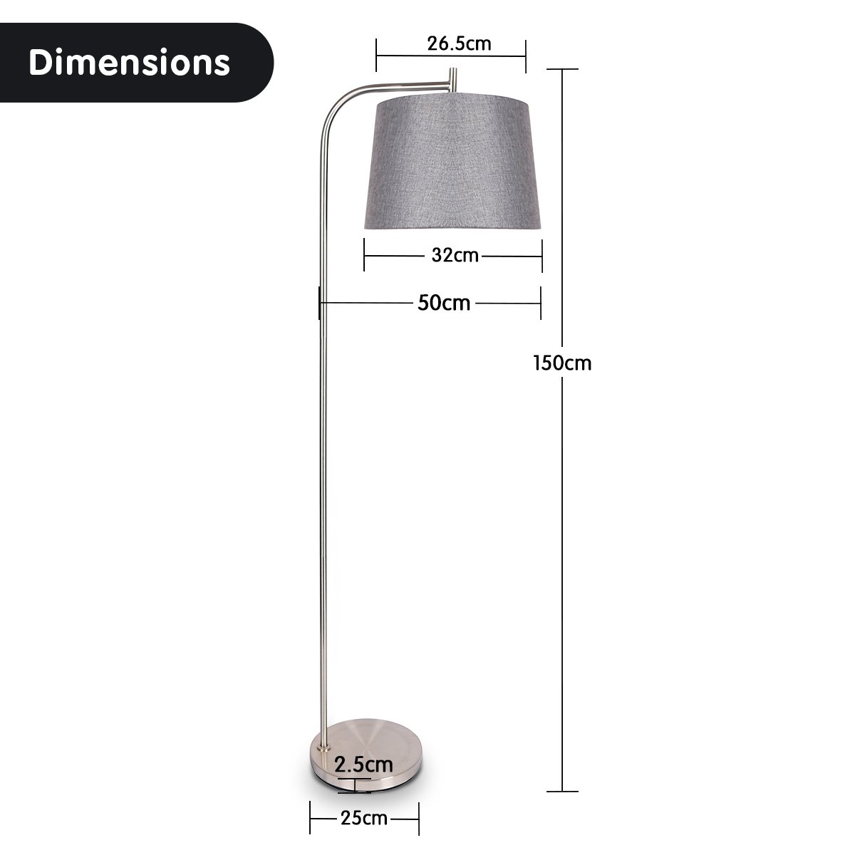 Metal Task Floor Lamp in Nickel Finish with Grey Linen Fabric Shade