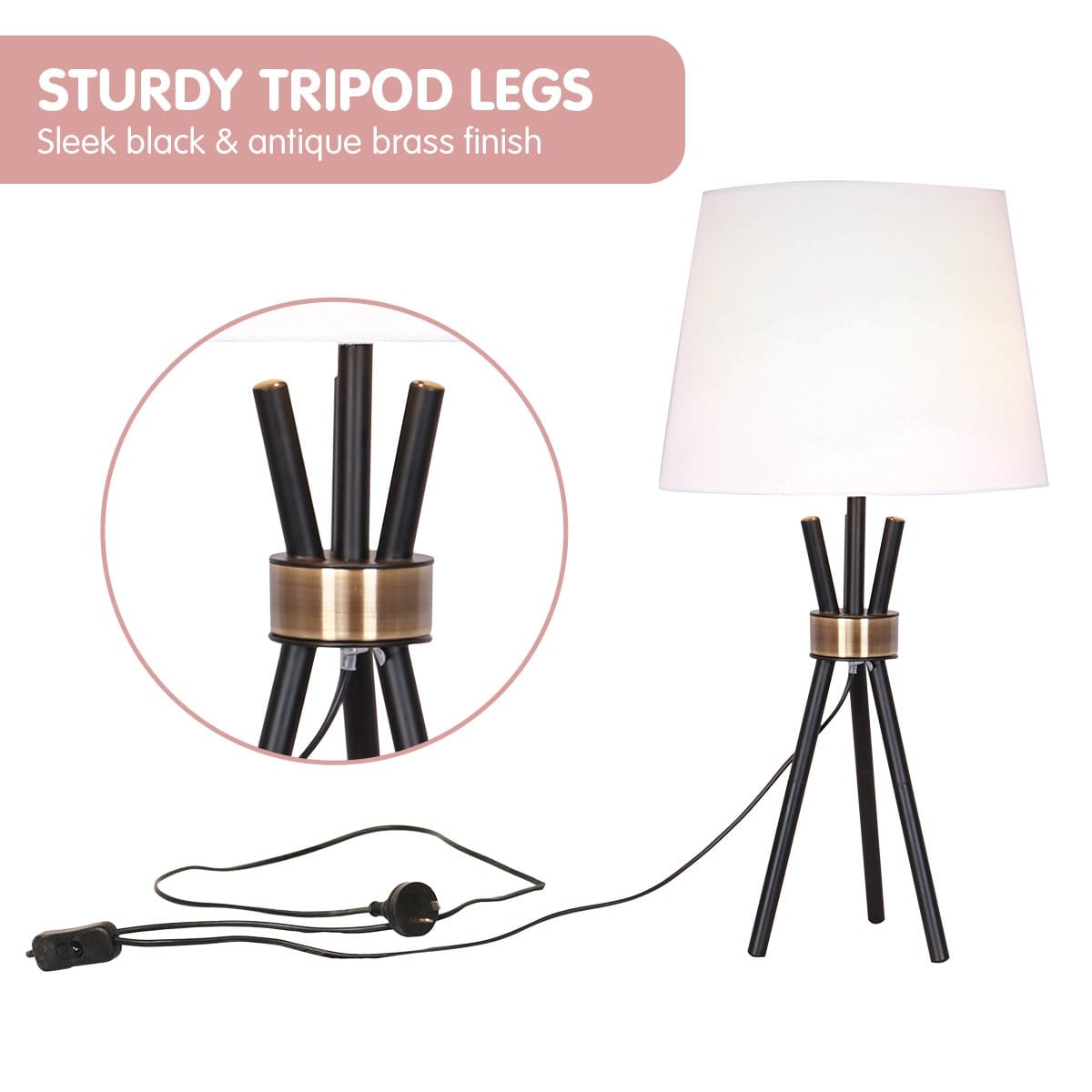 Metal Tripod Table Lamp With Antique Brass Accent