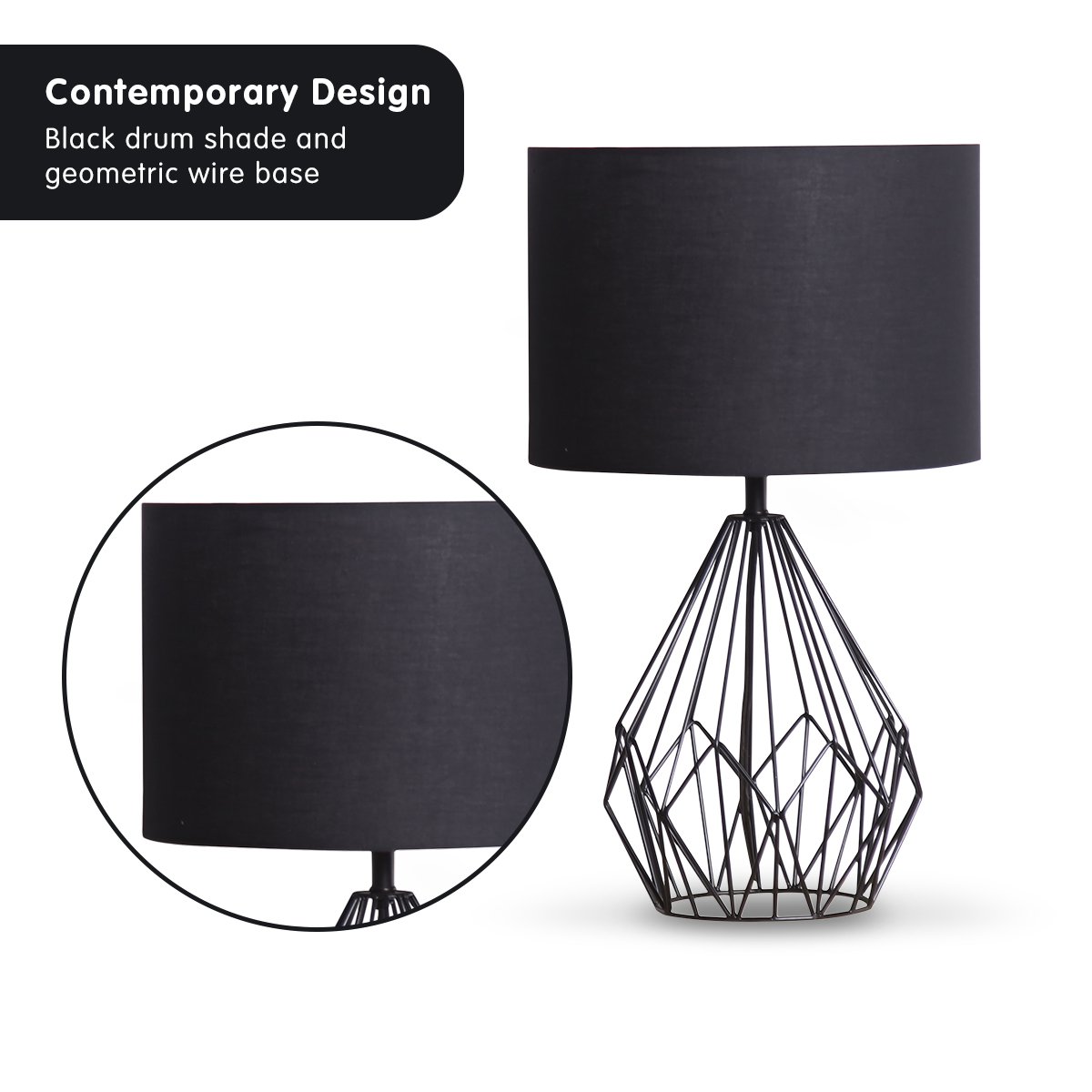 Metal wire table lamp in black finish With black drum shade