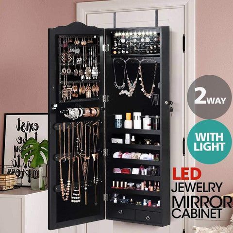 bedroom Mirror Jewellery Cabinet Makeup Box Organiser With Led