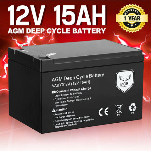 MOBI 15AH 12V AGM Battery Deep Cycle Camping Marine Solar SLA Lead Acid