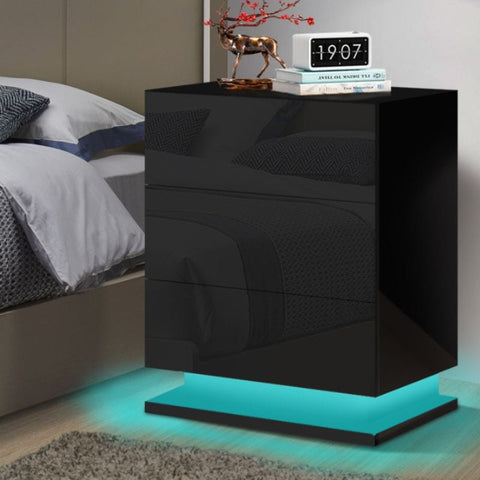 Modern High Gloss LED Bedside Black Drawer Cabinet Table