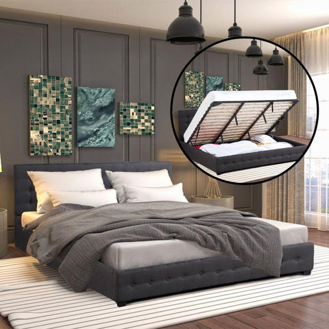 Single Modern style Luxury Gas Lift Bed Frame with Headboard- Dark Grey