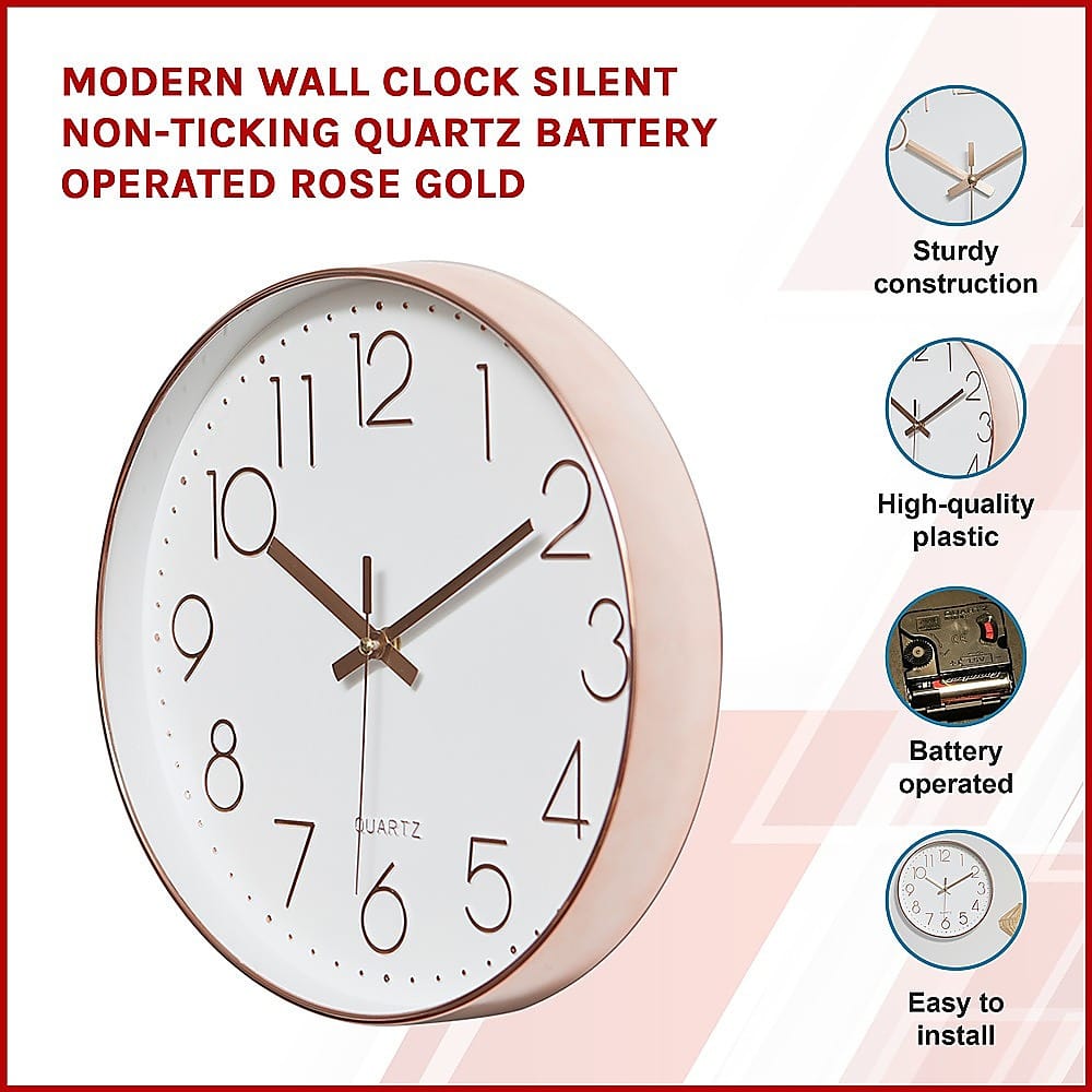 Modern Wall Clock Silent Non-Ticking Quartz Battery Operated Rose Gold