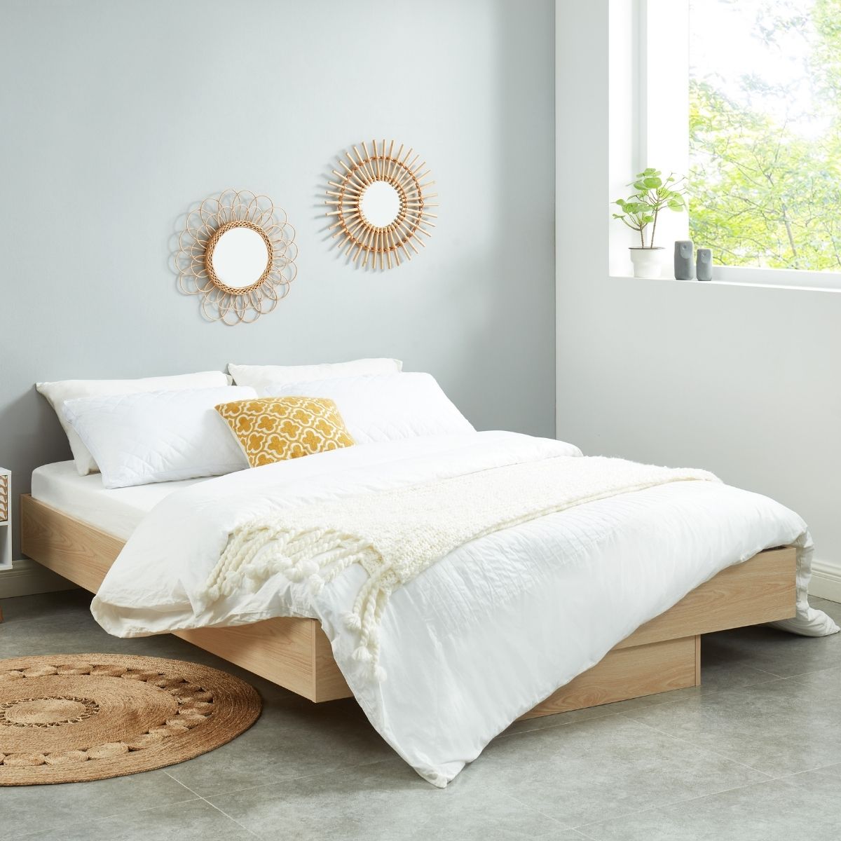 Furniture > Bedroom Natural Oak Wood Floating Bed Base Double