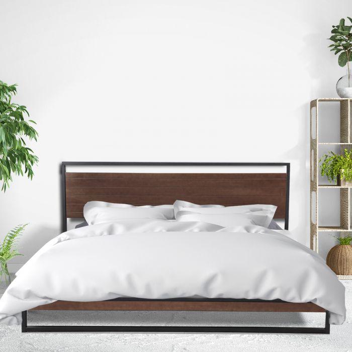 Neutral wood and steel design Bed Frame with Headboard – Black
