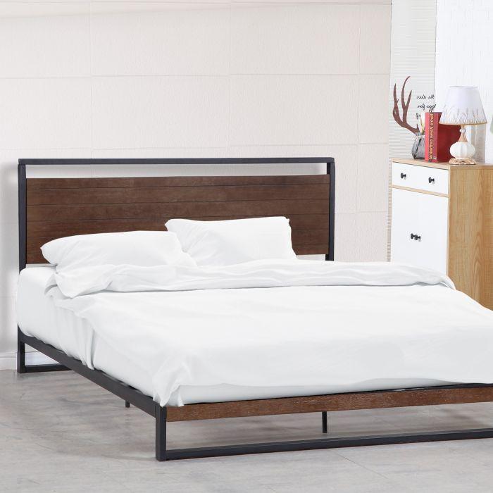 Neutral wood and steel design Bed Frame with Headboard – Black