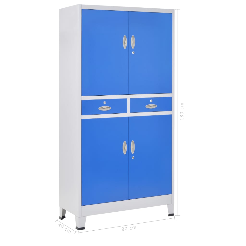 Office Cabinet with 4 Doors Metal 90x40x180 cm Grey and Blue