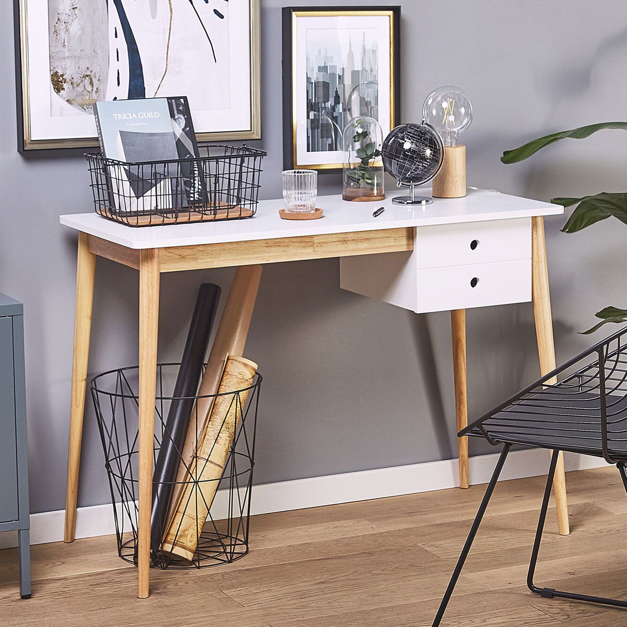 Oslo Desk with Drawer in White & Natural/Black & Natural