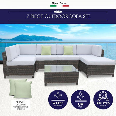 Outdoor 7 Piece Oatmeal Rattan Sofa Set - Black Coating & Grey Seats