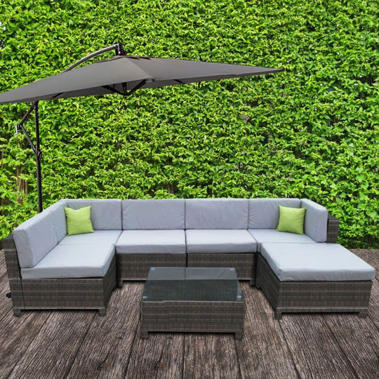 Outdoor 7 Piece Oatmeal Rattan Sofa Set - Black Coating & Grey Seats