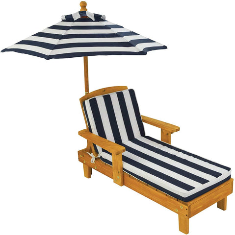 Outdoor Chaise With Umbrella And Navy Stripe Cushion For Kids