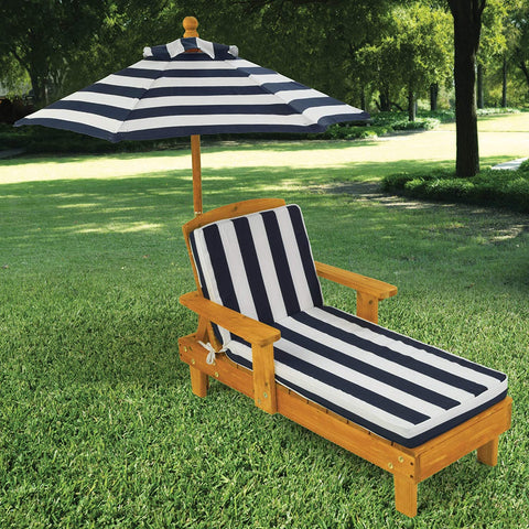 Outdoor Chaise With Umbrella And Navy Stripe Cushion For Kids